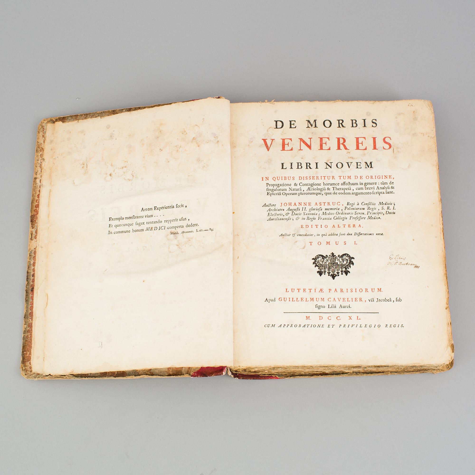 A book on venereal diseases, "De Morbis Venereis", Jean Astruc. Printed in Paris in 1740.