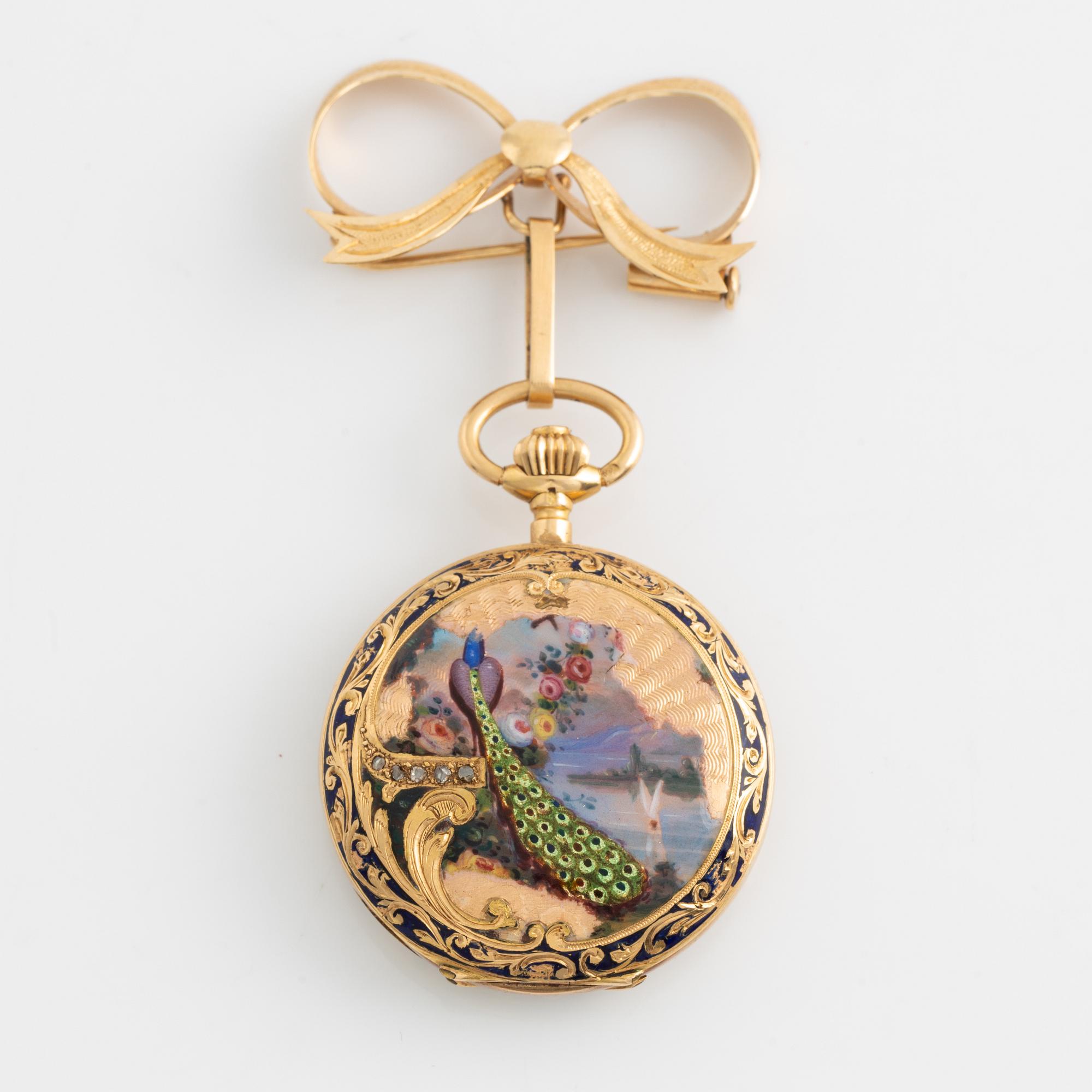 Pocket watch, 18K gold enamel, 29,5 mm.