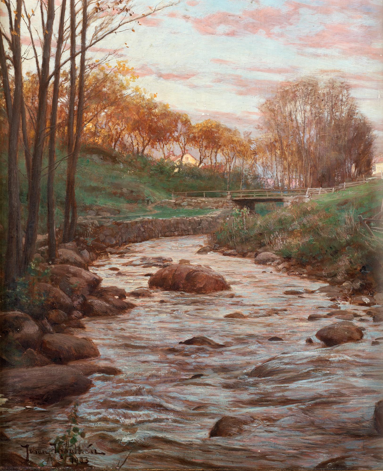 Johan Krouthén, Autumn landscape with bridge over stream.