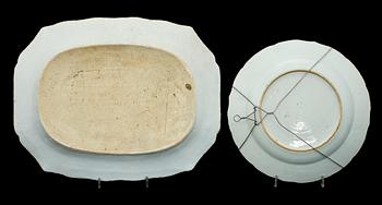 STEKFAT, 3 st, samt TALLRIK, porslin, Kina, 1700/1800-tal.