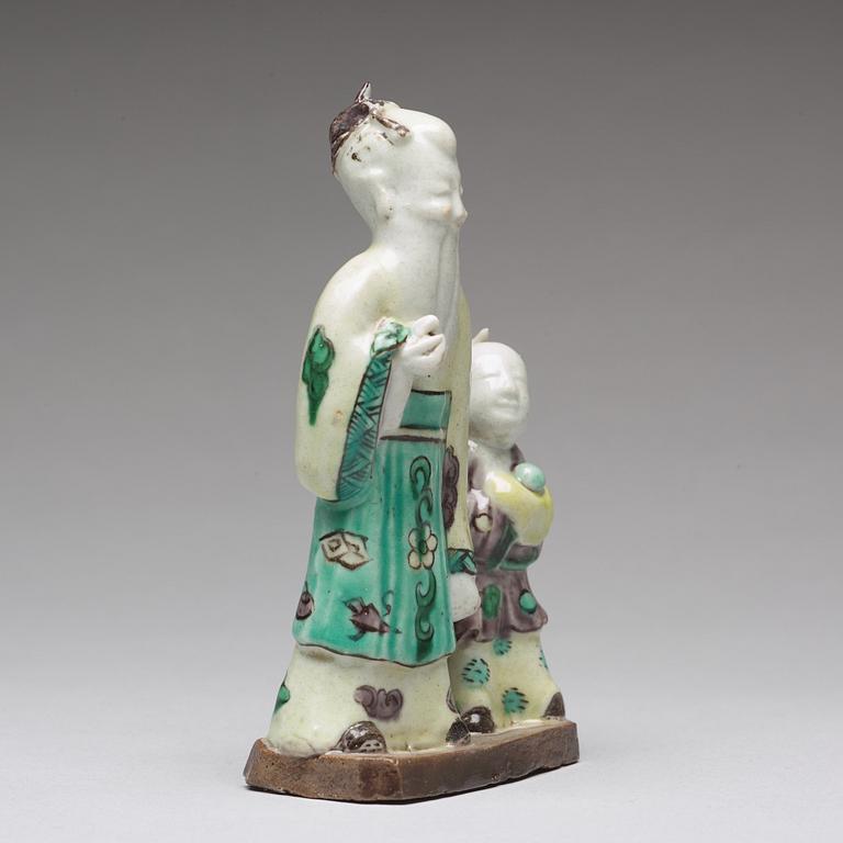 A famille verte bisquit figure of Laozi and a servant, Qing dynasty, 18th Century.