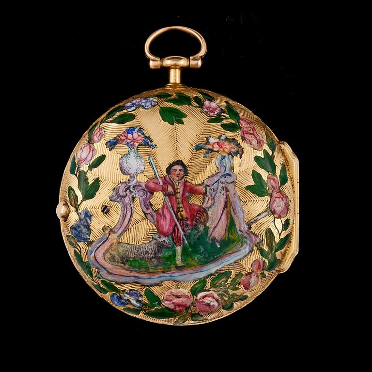 A gold and enamel verge pocket watch, Le Roy, Paris, late 18th century.