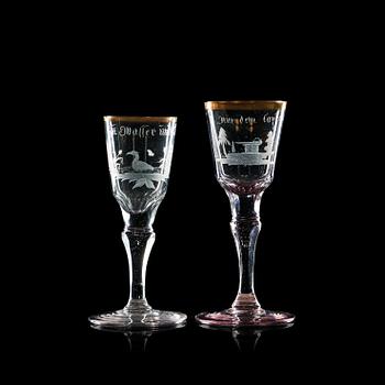 1361. Two Silesian cut, engraved and gilded wine glasses, 1760's.