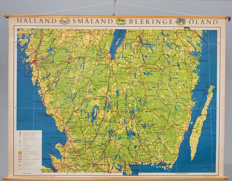 SKOLKARTA, "Halland" "Småland" Blekinge" Öland". Generalstabens litografiska anstalt 1965.