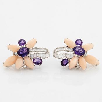 A pair of 18K white gold earrings set with faceted amethyst and coral.