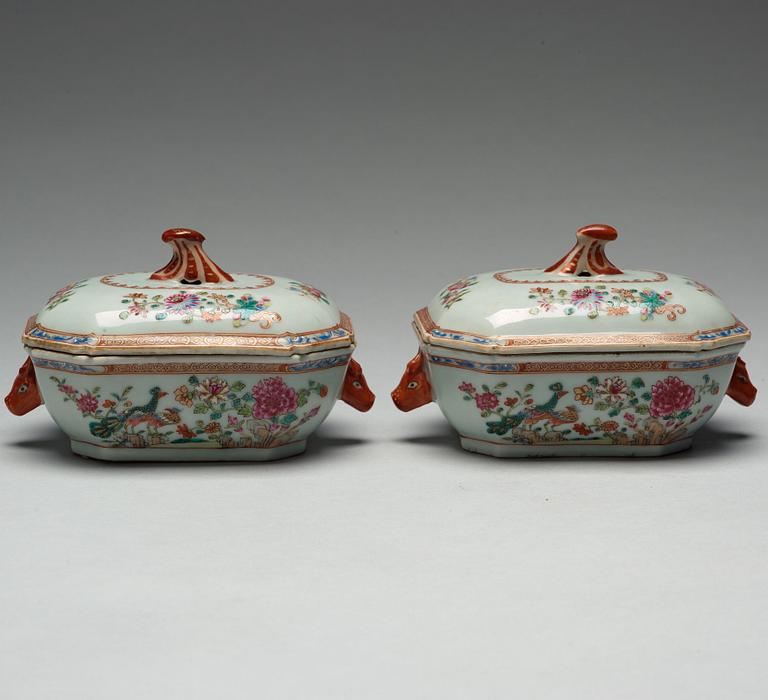 A pair of famille rose 'double peacock' tureens with cover and stands, Qing dynasty, Qianlong (1736-95).