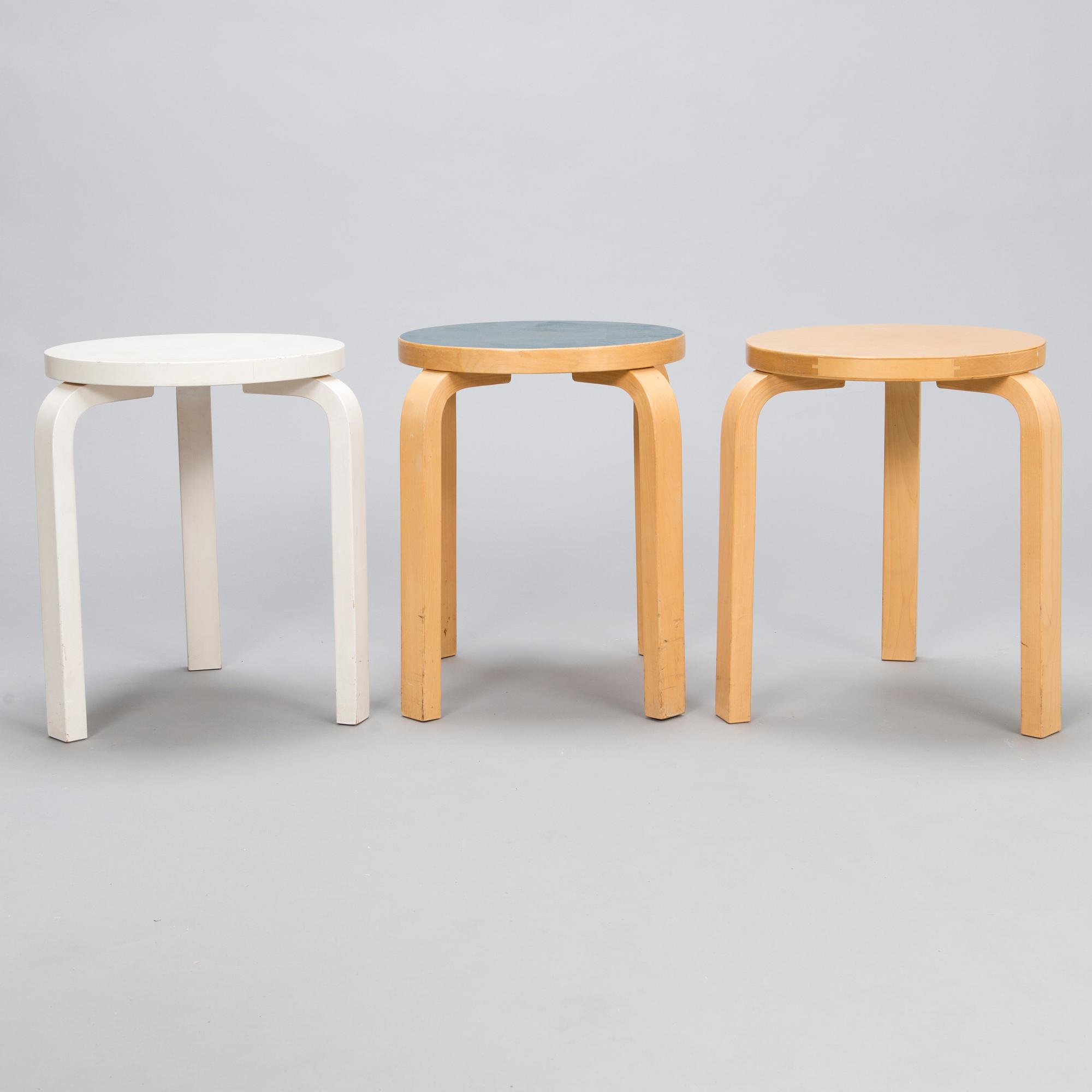ALVAR AALTO, three late 20th century stools for Artek.