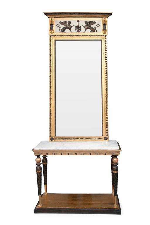 A MIRROR WITH CONSOLE TABLE.