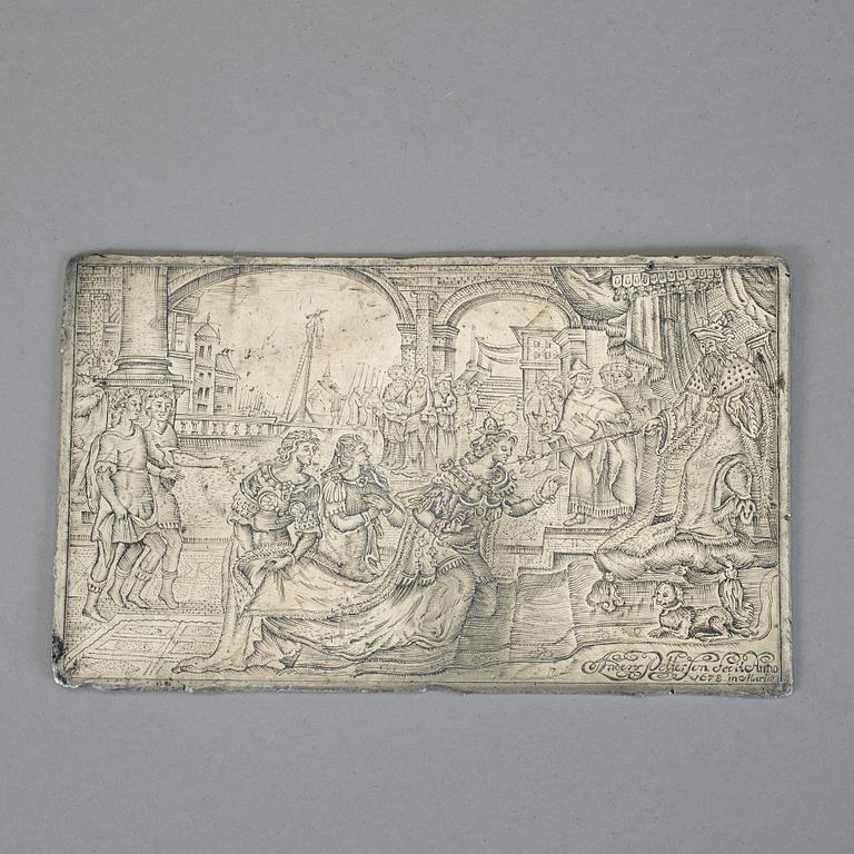 GRAVERAD TENNPLÅT, med påskrift Anders Petterson, 1678.