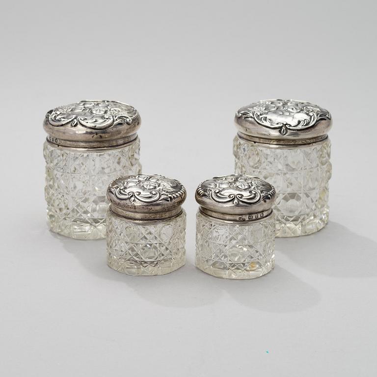 CUT GLASS JARS WITH SILVER LIDS, two pairs, Levi & Salaman, Birmingham 1898.