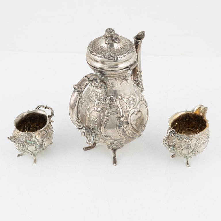 A three-piece Rococo style silver coffee set, possibly Norway, mid 20th century.