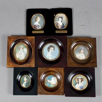 MINIATYRMÅLNINGAR, 8 st, efter kända konstnärer, bla Francoise Gerard, 1900-tal.