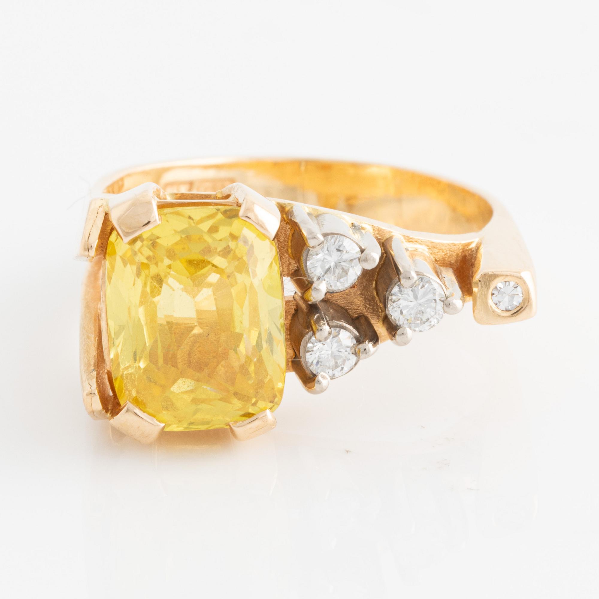 Ring, with cushion-shaped yellow sapphire and brilliant-cut diamonds, by Per G Forslund.