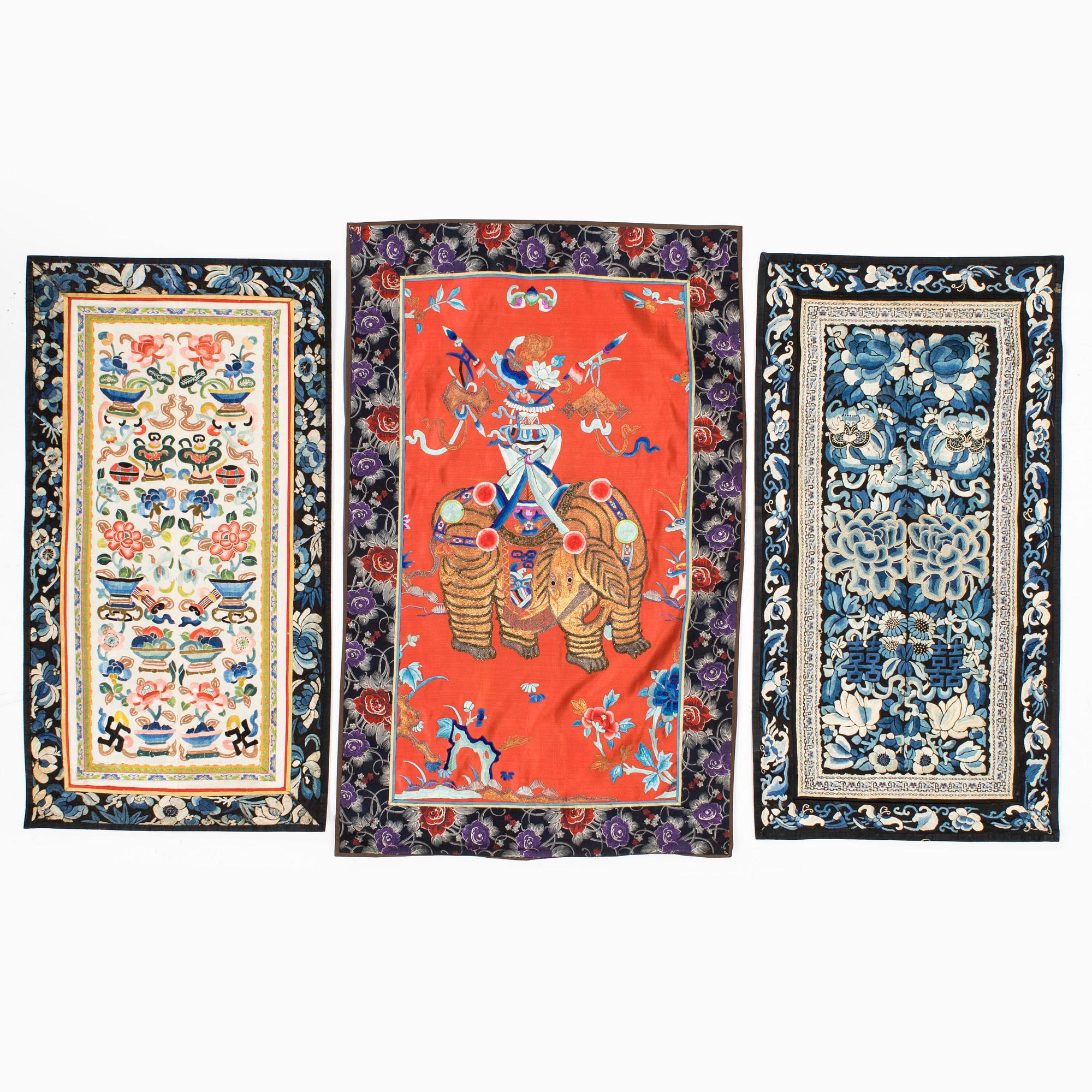 Sidenpaneler, 6 st, Kina, sen Qingdynasti/omkring 1900.