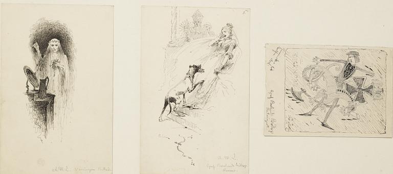 Carl Larsson,  6 drawings, signed C.L, Indian ink and hightening white mounted on cardboard.