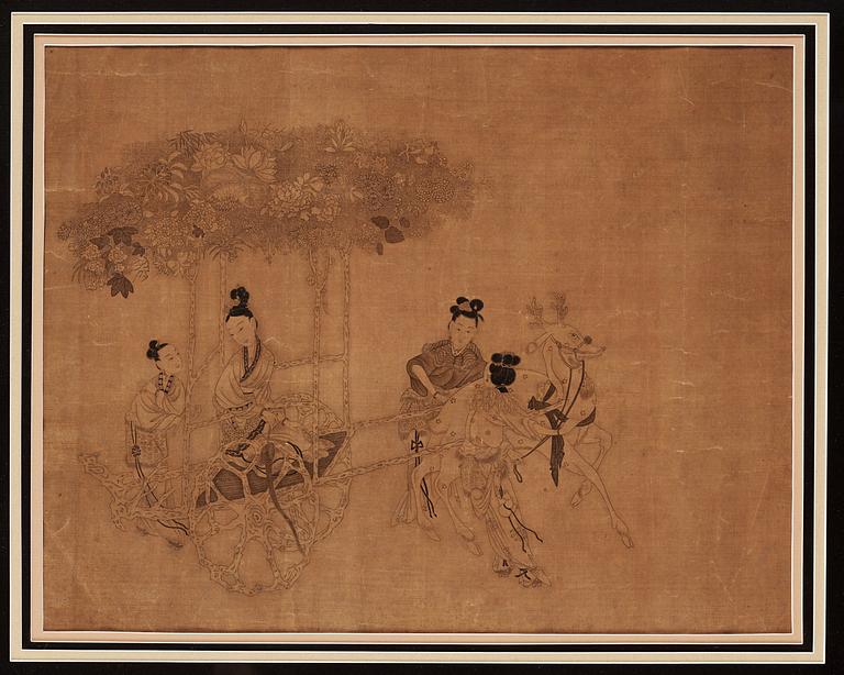 A fine painting of Xi Wang Mu travelling in a carriage, in the style of Gai Qi (1774-1829), Qing dynasty, 19th Century.