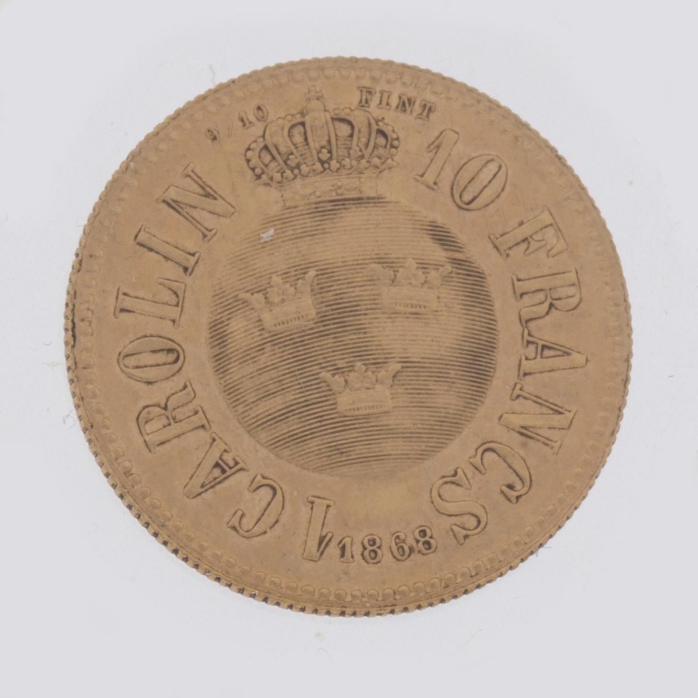 A Swedish 1 Carolin / 10 Francs in gold, with the Swedish and Norwegian King Karl XV, 1868.