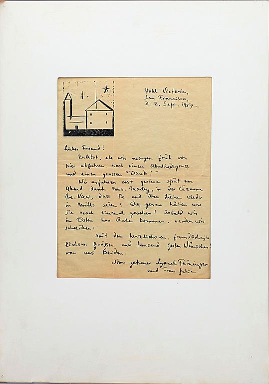 LYONEL FEININGER, träsnitt på handskrivet brev, sign o dat San Francisco 2 sept 1937.