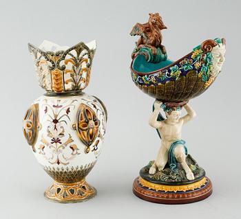 A majolica vase and bowl from Rörstrand, around the year 1900.