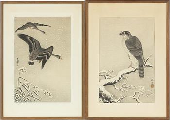 Ohara Koson, "Wild geese in snow falling sky" och "Falcon in the snow".