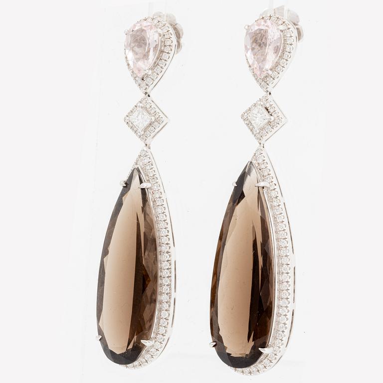 Earrings 18K white gold with drop-cut smoky quartz and morganite with diamonds.