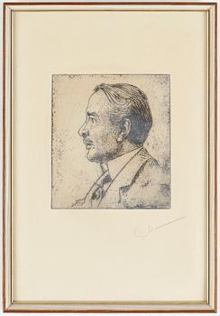 Carl Larsson · CARL LARSSON, etsning, "Erik Axel Karlfeldt", signerad i blyerts.