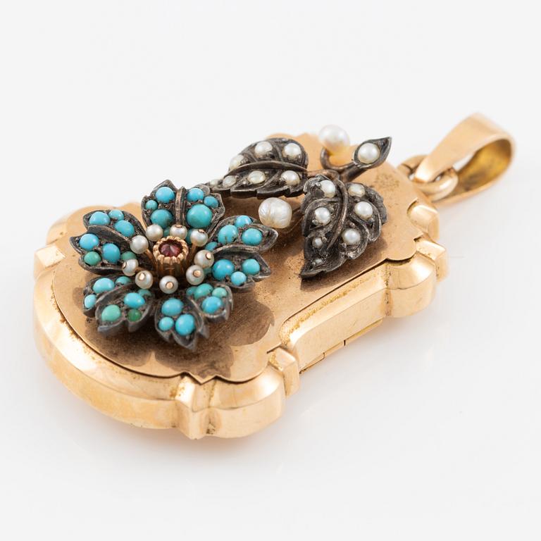 Pendant, 18K gold and silver, with turquoises and pearls. With a hidden compartment.