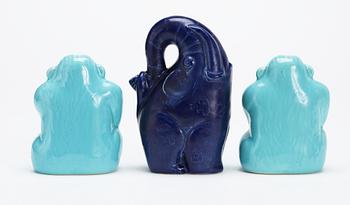 Three Stig Lindberg stoneware figures of an elephant and two apes, Gustavsberg.