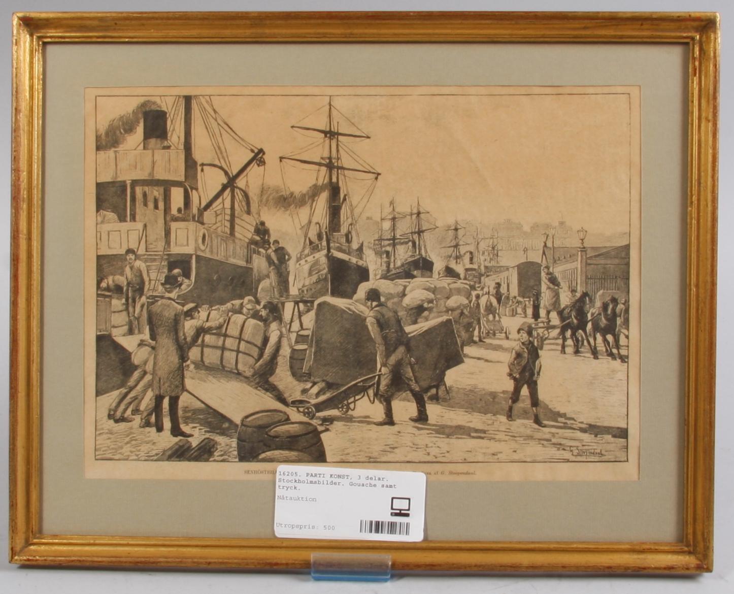 PARTI KONST, 3 delar. Stockholmsbilder. Gouache samt tryck.