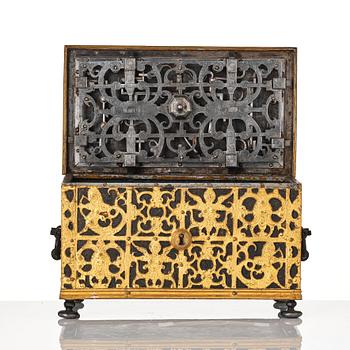 The Wrangel strongbox, a German wrought iron and steel engraved strongbox dated 1658.