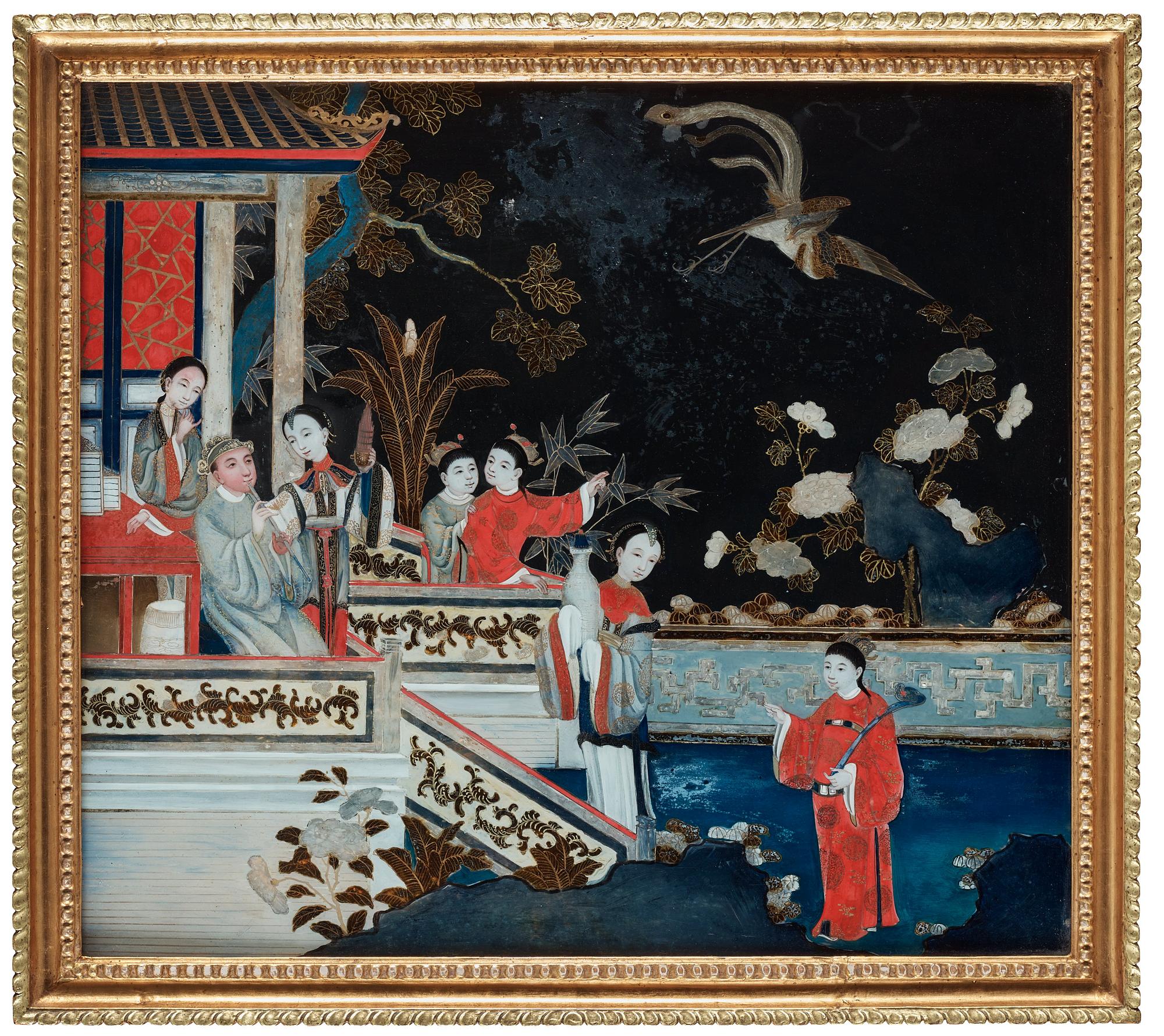 A pair of large reverse glass painting, Qing dynasty, circa 1800.