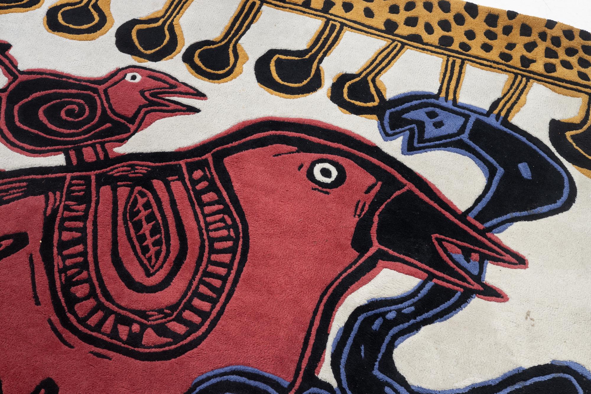 Beverloo Corneille, 'L'oiseau chasseur de serpent', after. A handtufted carpet, c. 247 x 199 cm.
