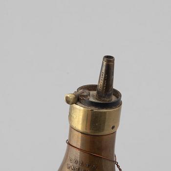 Gunpowder horn and three powder flasks, 19th century.