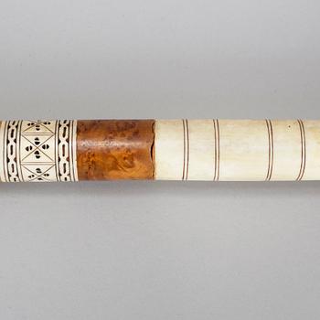 A Sami birch, renideer horn and pewter walking stick.