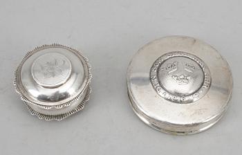 PARTI DOSOR, 6 st, silver, bla Carl Fredrik Jonssén, Uddevalla 1850. Totalt ca 280 gram.