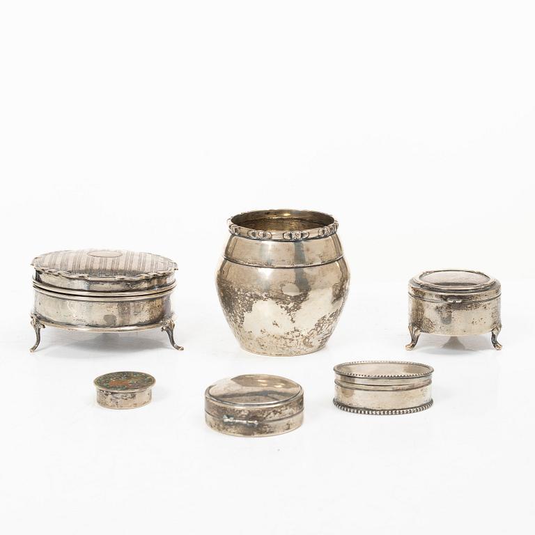 Dosor samt burk, 6 delar, silver.