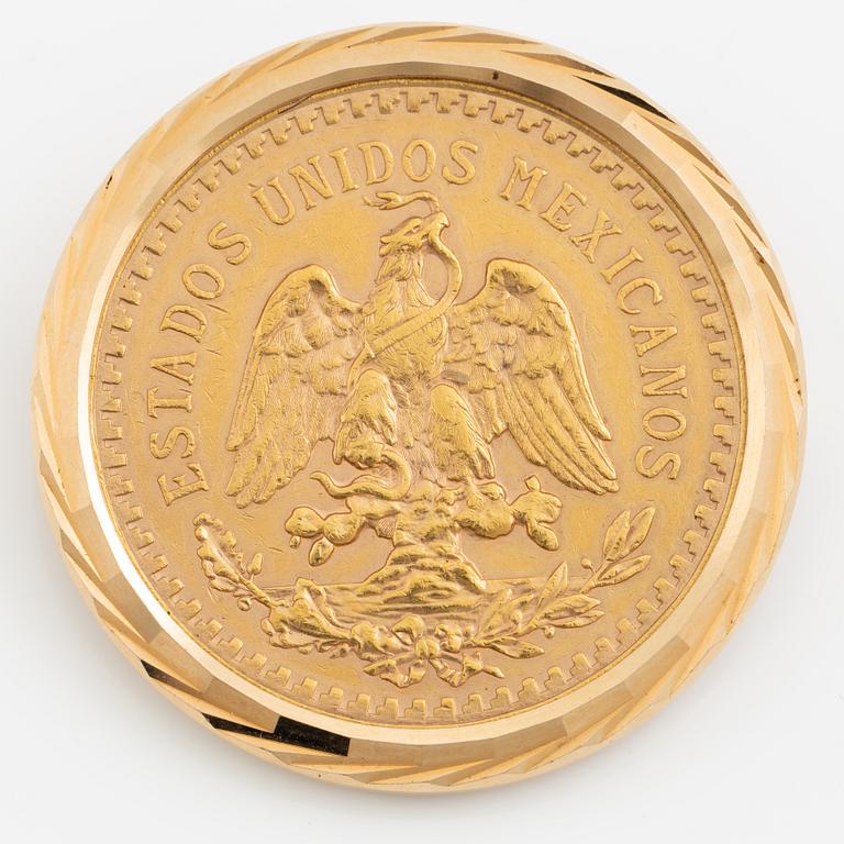 Brooch/pendant, 18K gold with set gold coin, 50 pesos, Mexico.