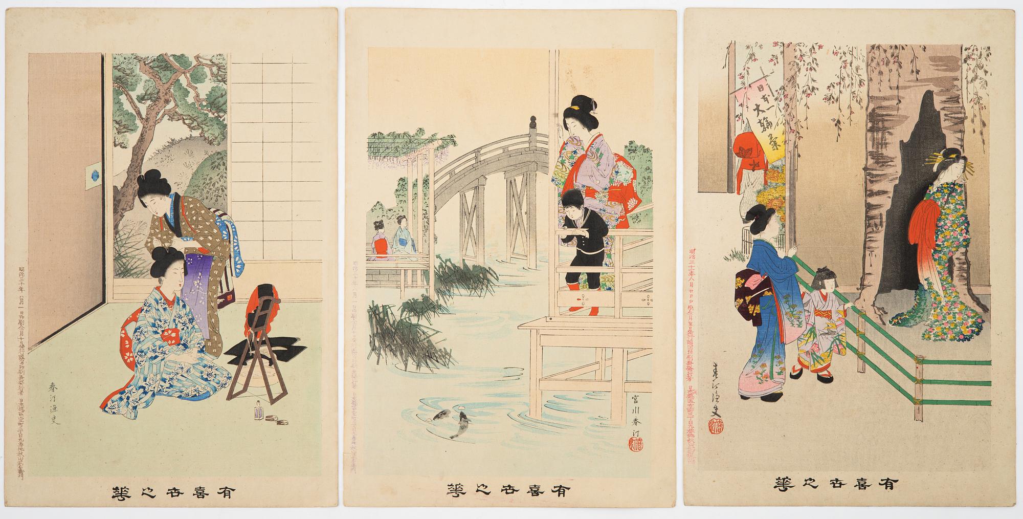 Miyagawa Shuntei, färgträsnitt, 13 stycken, Japan, omkring år 1900.