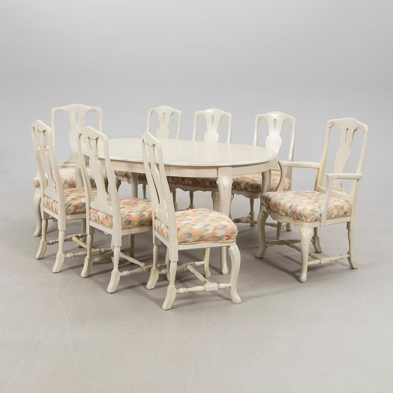 Matbord med 6 st stolar samt 2 st karmstolar, rokokostil, K A Roos, 1900-talets andra hälft.