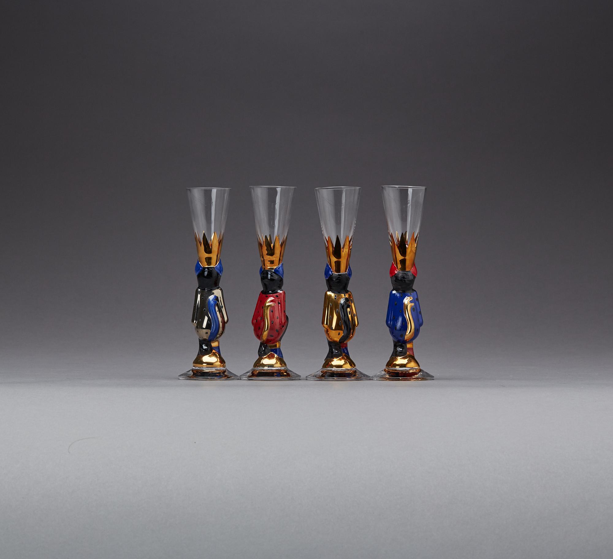 SNAPSGLAS, 4 st, "Nobelservisen", Gunnar Cyrén, Orrefors, sent 1900-tal.