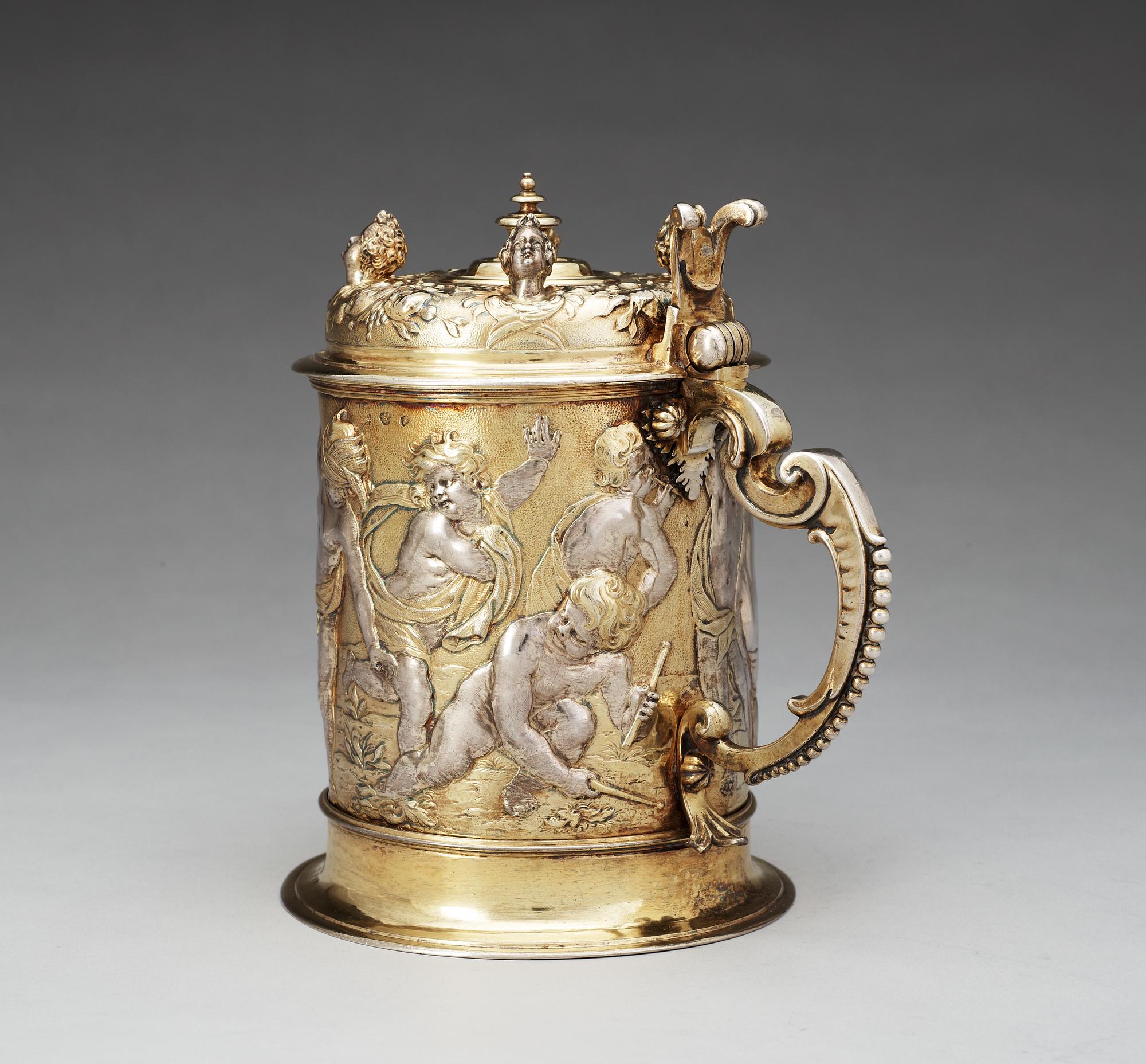 An important German 17th century parcel-gilt tankard, makers mark of Abraham Drentwett I, Augsburg 1645-1650.