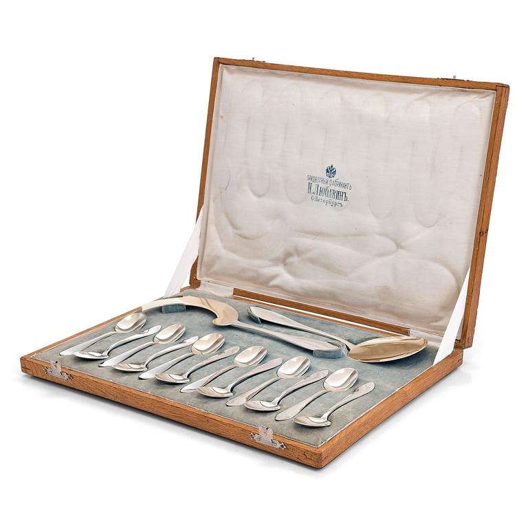 A 14-piece silver ice cream cutlery set in original box, maker's mark of Alexander Ljubavin, Saint Petersburg  1908-17.