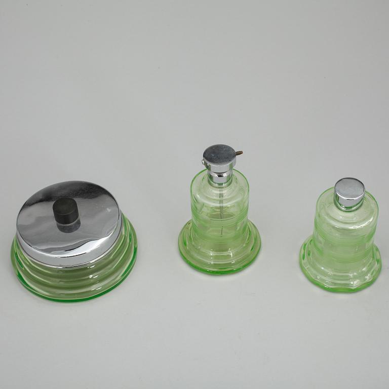TOALETTSETT, 3 delar, glas, art deco, 1920/30-tal.