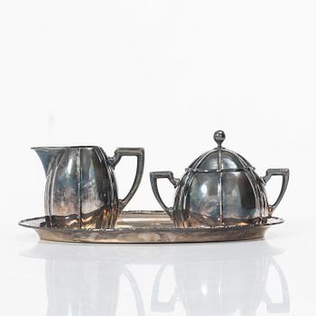 Sugar bowl, creamer and tray, silver, mid-20th century.