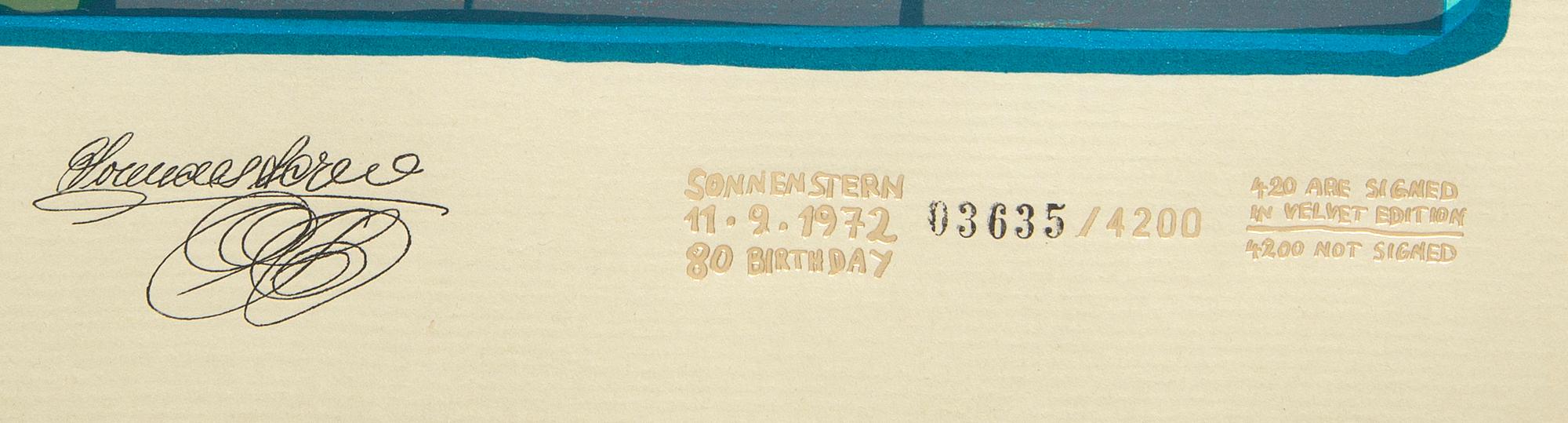 Friedensreich Hundertwasser, serigrafi stämpelsignerad och numrerad 03635/4200.