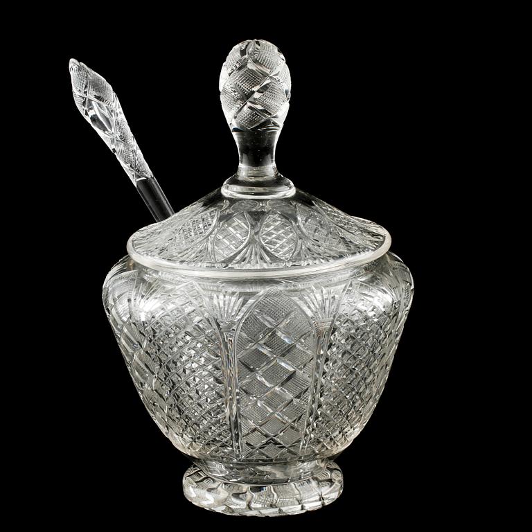 BÅLSKÅL med LOCK samt SLEV, glas, 1900-talets första hälft.
