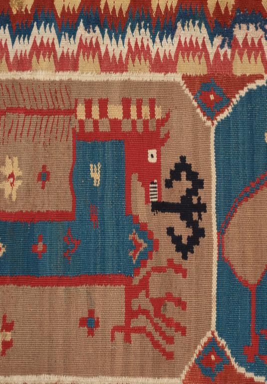 CARRIAGE CUSHION. "Bäckahästen". Double-interlocked tapestry. 48 x 99 cm. Scania, Sweden, around 1800.