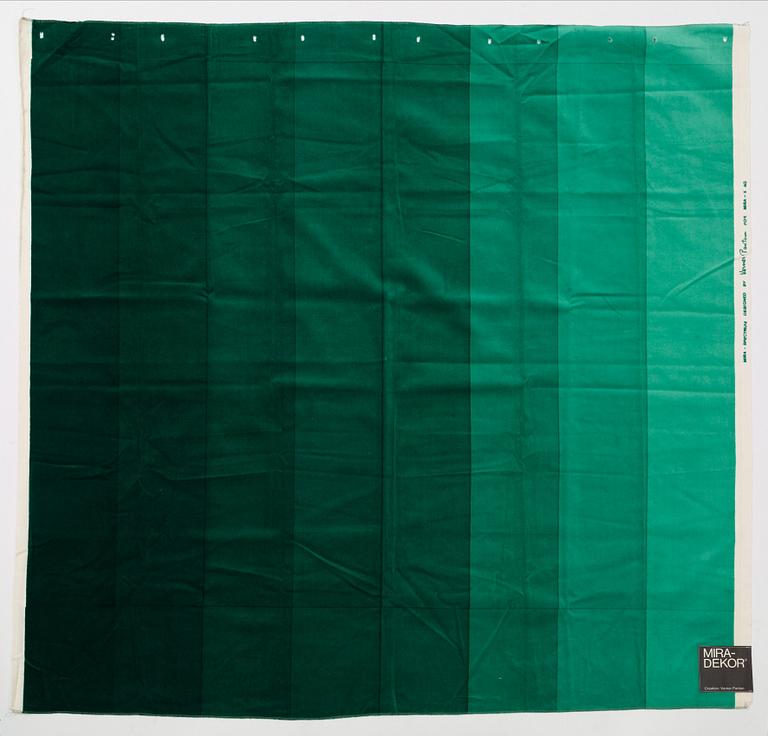 Verner Panton, CURTAINS, 3 PIECES, AND SAMPLERS, 10 PIECES.  Cotton velor. A variety of green nuances and patterns. Verner Panton.