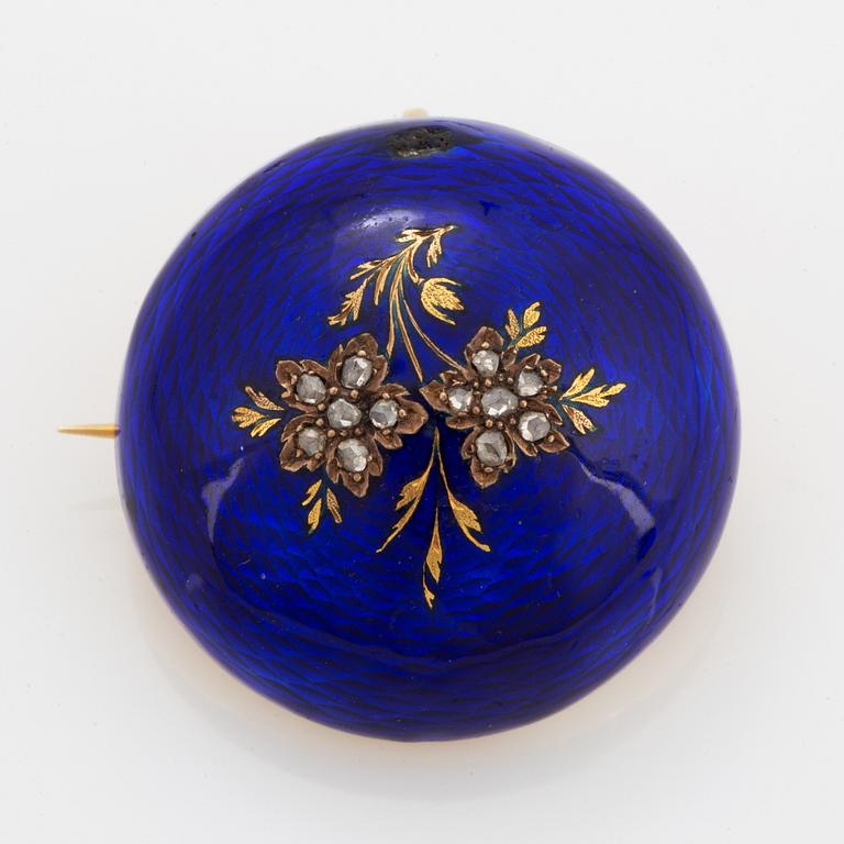 Brosch/hänge, himmelsblå emalj med rosenslipade diamanter. 1800-tal.
