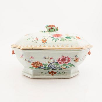 A Chinese famille rose tureen with cover and plate later part of the 18th century.